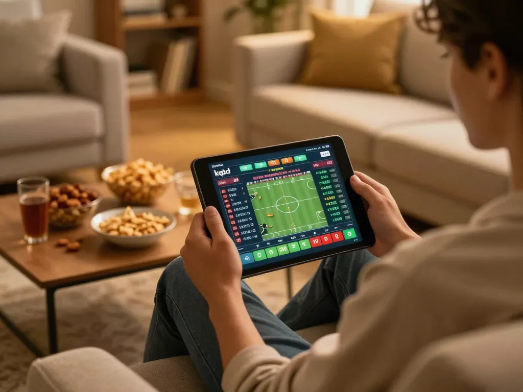KQBD online sports betting interface displayed on tablet in cozy home gaming setup.
