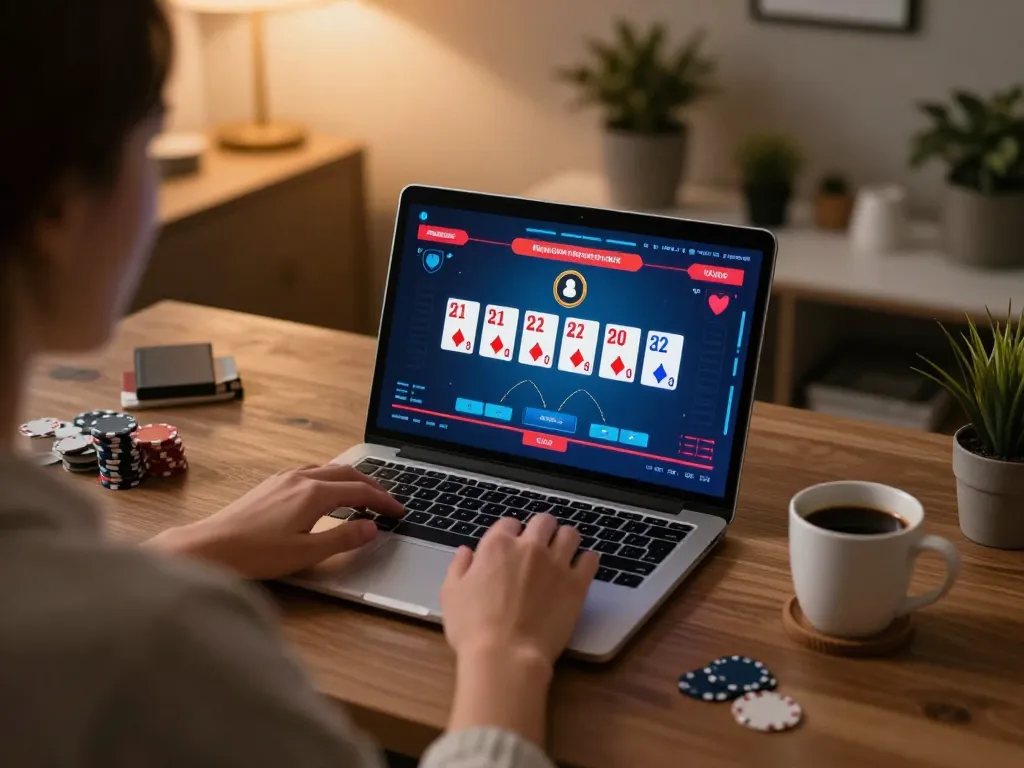 Player enjoying a strategic session at 13WIN online casino poker interface in a cozy home setting