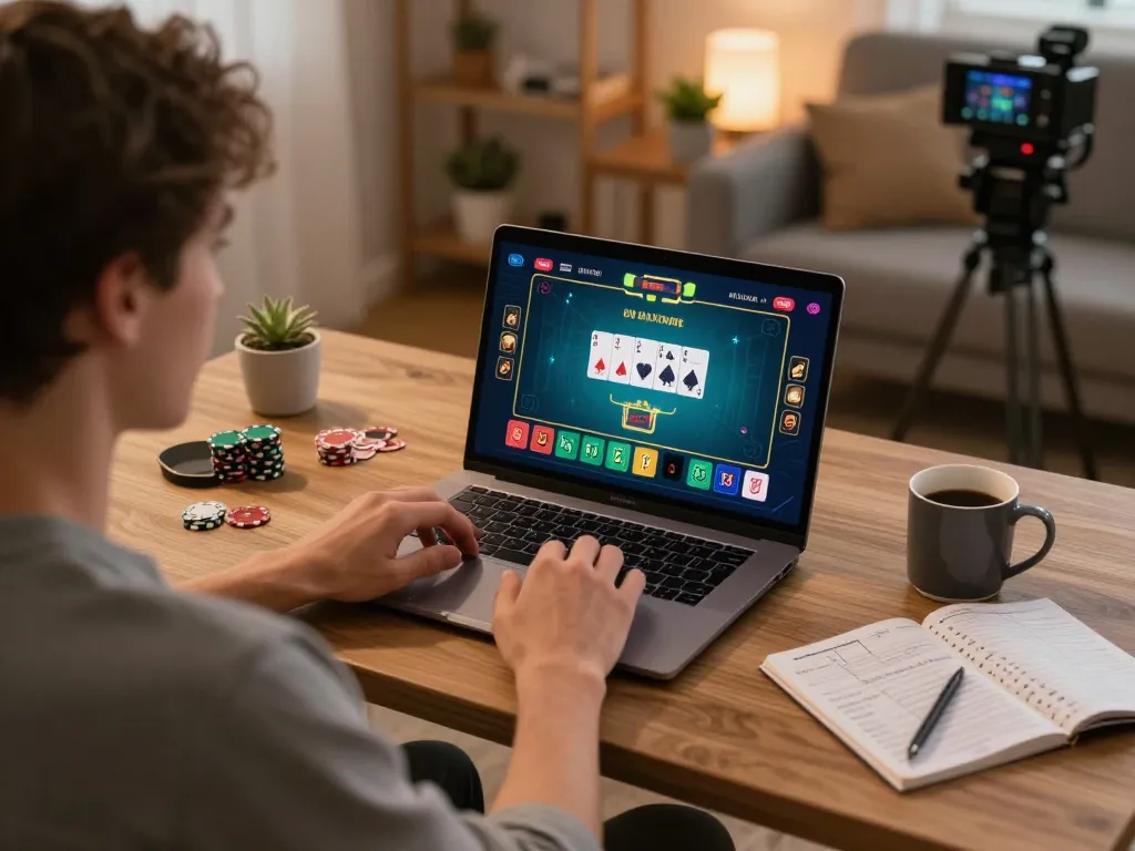 Player enjoying thrilling poker action at home using Au88 online platform, showcasing strategic gameplay.