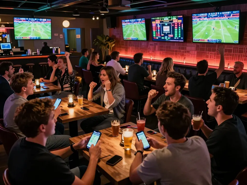 Bongdallu enthusiasts engaged in live sports betting at a vibrant bar, showcasing excitement and strategic analysis.