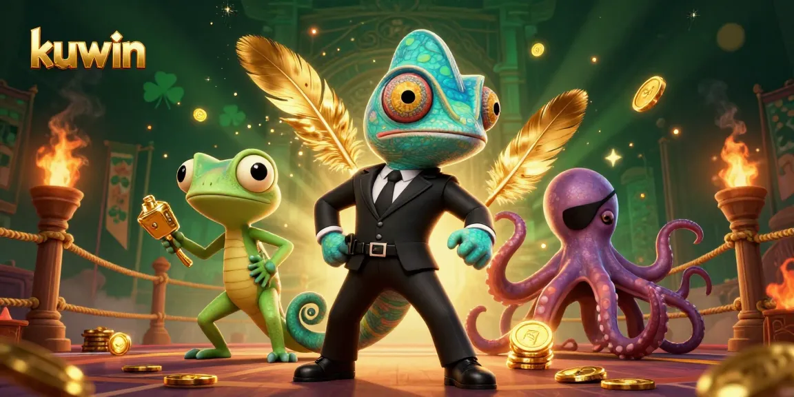 Kuwin offers thrilling action as a secret agent chameleon navigates a vibrant casino backdrop filled with golden coins and games.