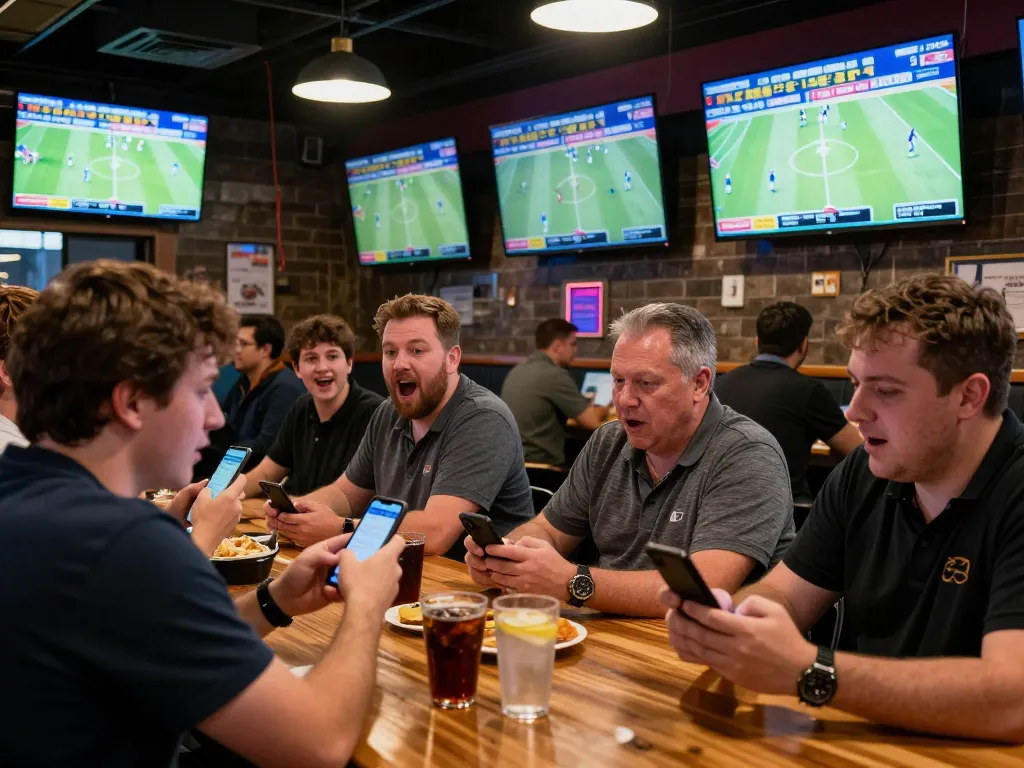 Excited patrons participating in sports betting at a lively venue with tylekeo predicting outcomes