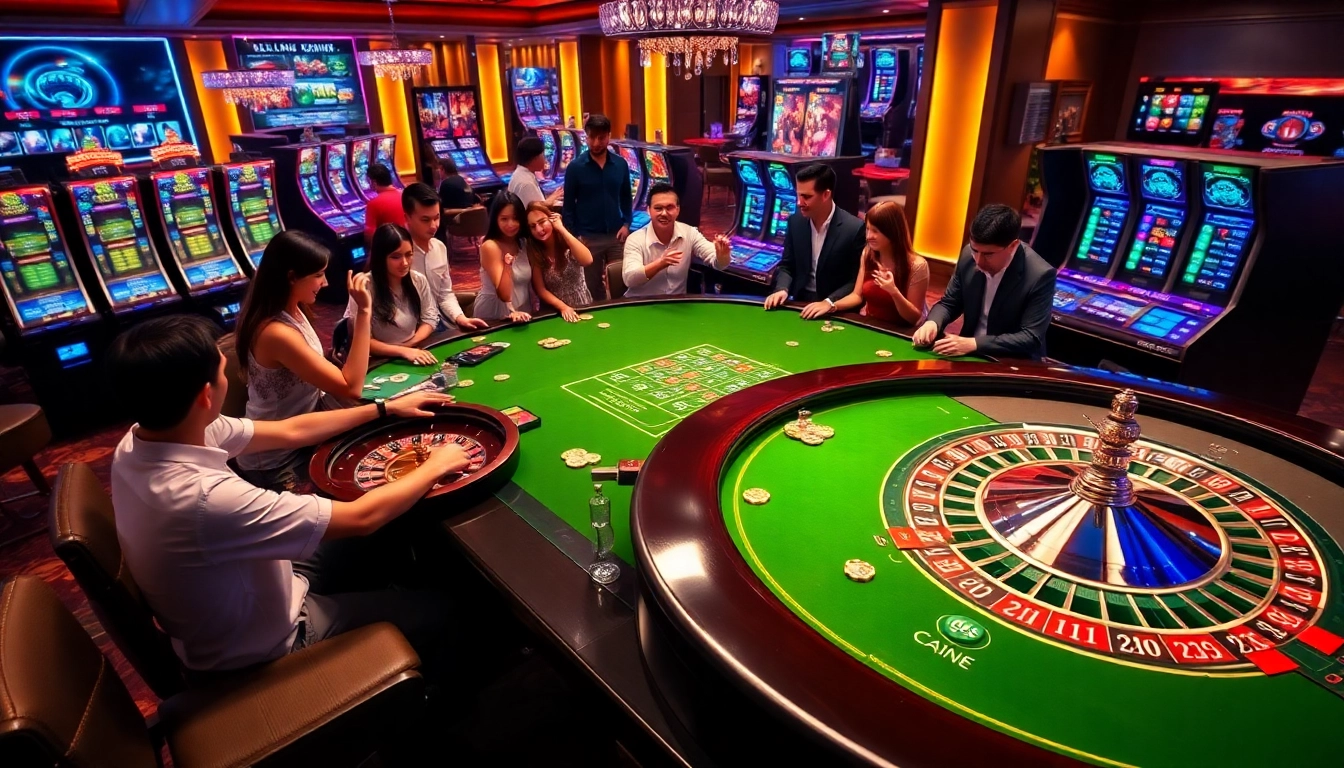 Players engaging with the 65A platform at a luxurious casino table filled with vibrant gaming elements.