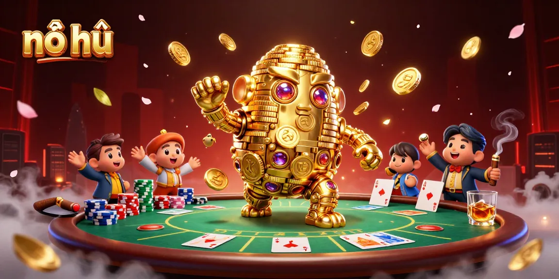 Spin and win big at nổ hũ with dazzling golden golem and poker elements