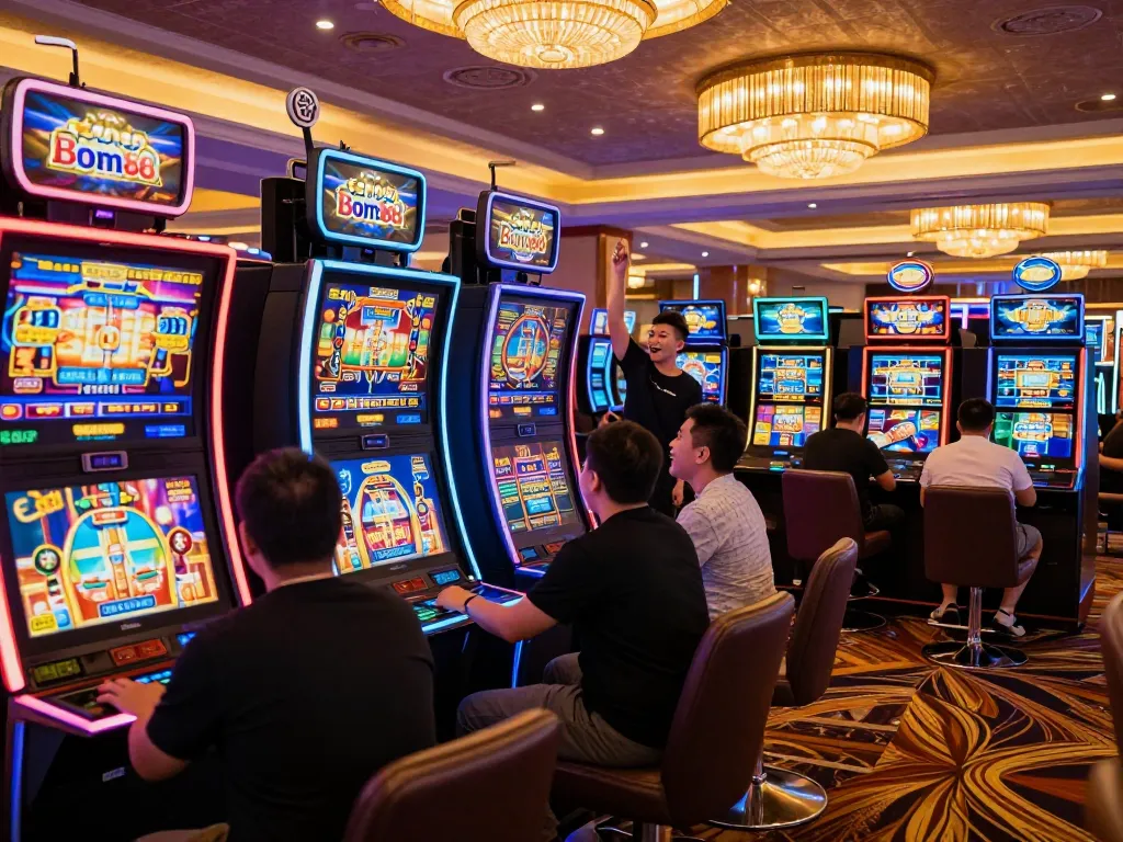 Cổng game Bom88 offers an exciting slot machine experience with vibrant colors and engaged players.