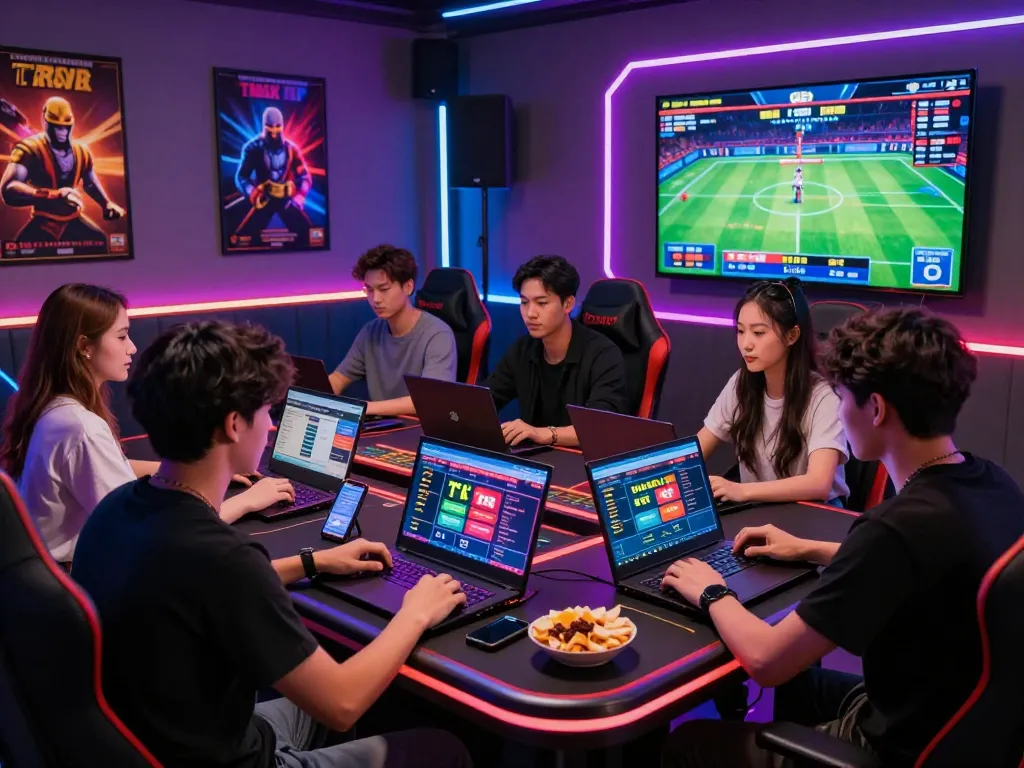 Friends enjoying online gaming at Nhà cái TR88 with vibrant atmosphere and multiple devices