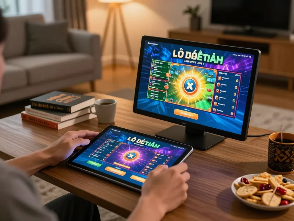 Lô Đề Uy Tín gameplay on tablet during cozy home gaming session with snacks and warm lighting