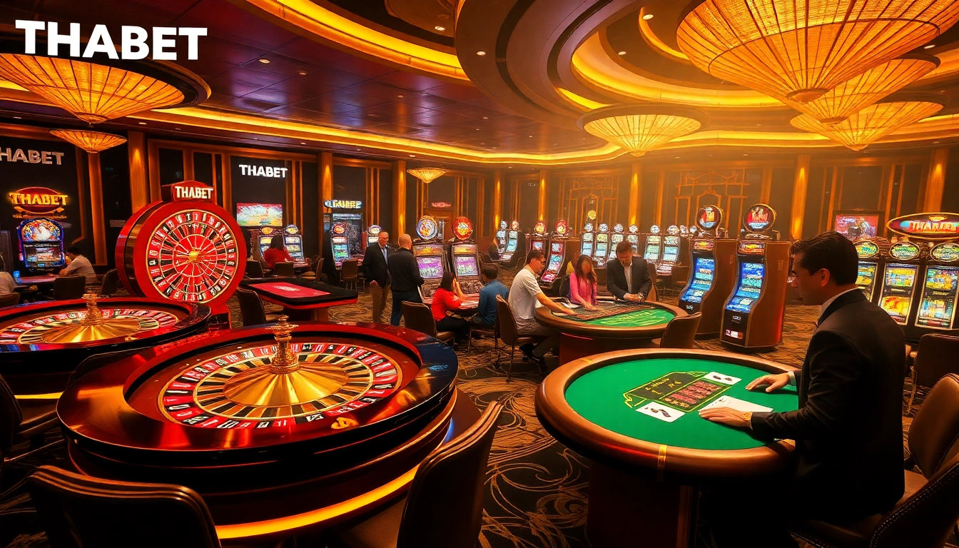 Gamblers enjoying a thrilling moment at THABET casino tables with vibrant chips and cards.