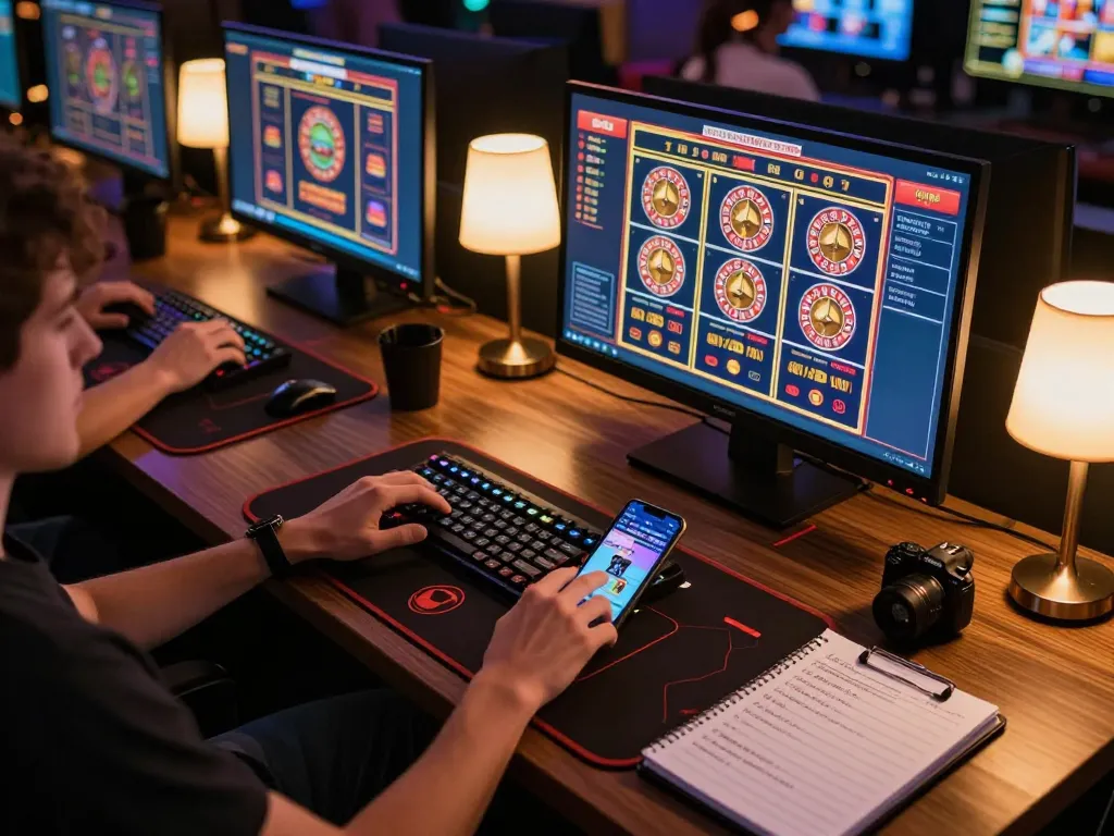 Player engaging with tr88 online casino games on multiple screens in a stylish home setup.