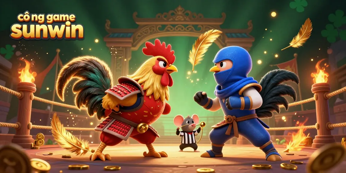 Engage with cổng game sunwin in a dynamic cockfighting arena featuring roosters and golden elements.