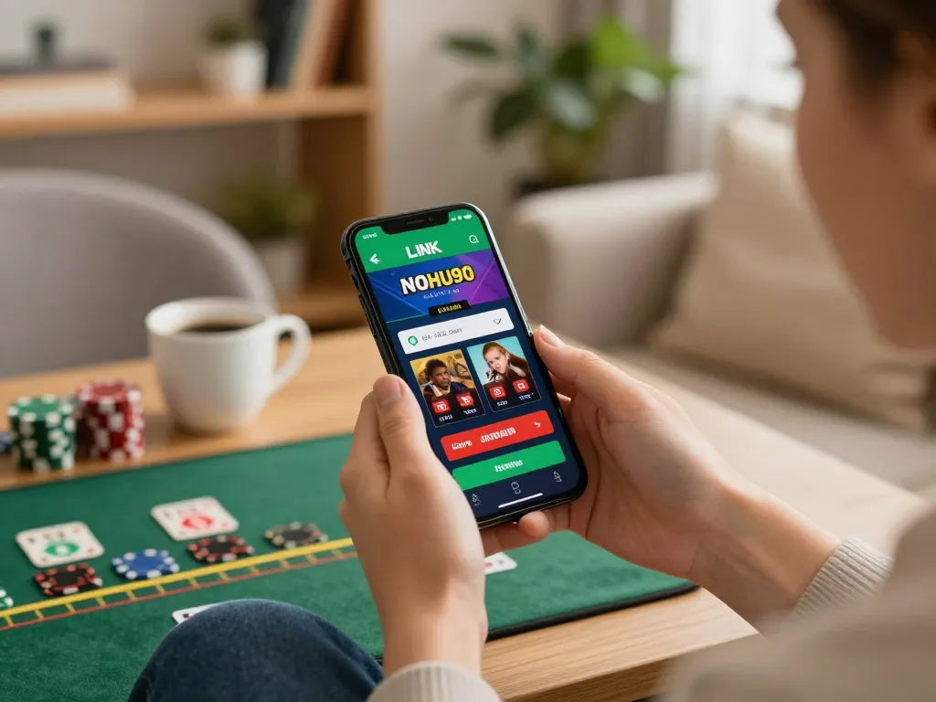 Engaging with LINK NOHU90 on mobile for exciting casino gameplay, highlighting user-friendly experience.