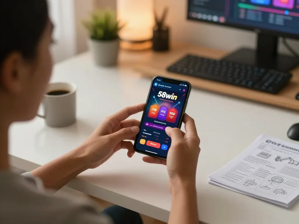 58win player enjoying online gaming on a smartphone at home with vibrant app interface.