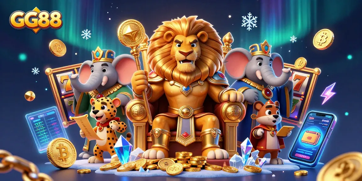 Experience the excitement of GG88 with a regal lion king and interactive casino elements.