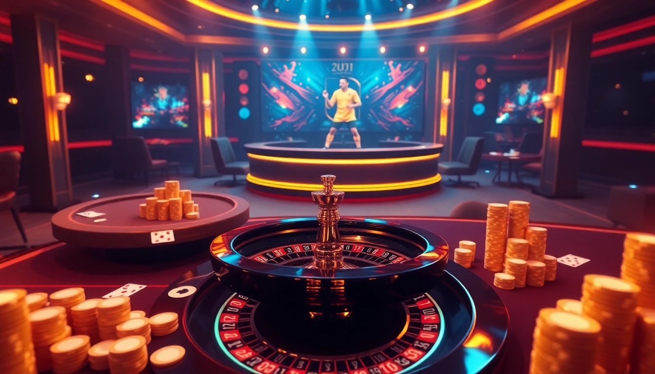 The luxurious online gambling experience at https://kjc.football/ with vibrant casino tables and a roulette wheel.