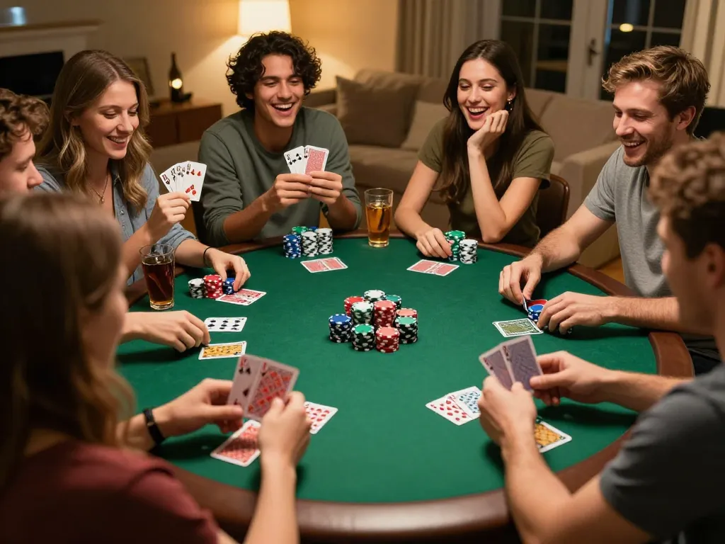 Friends enjoy an engaging poker night at home with nk88 excitement and strategy in action
