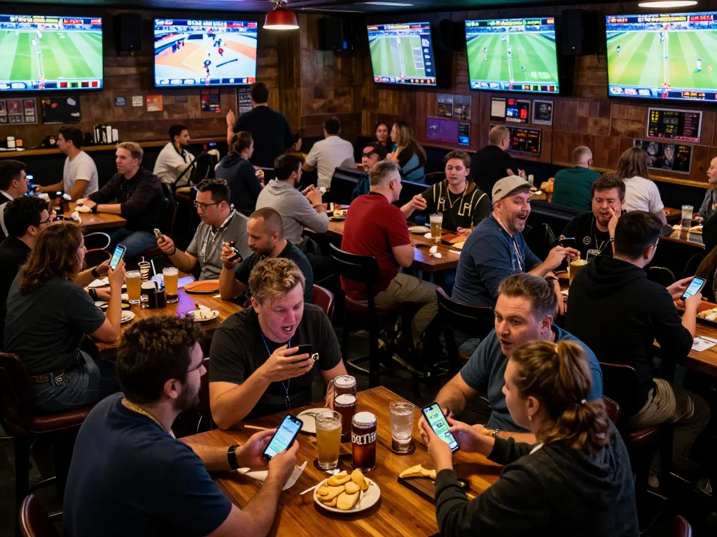 Excited bettors placing wagers on their smartphones at a lively sports bar during event day, highlighting Link vào BET168 access