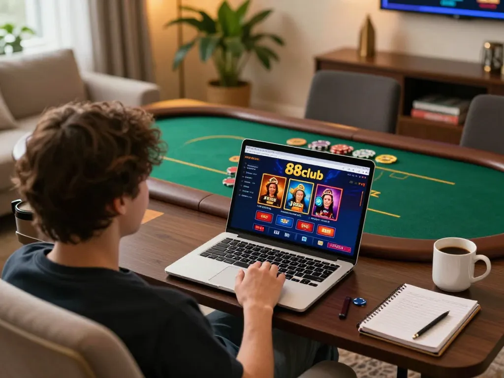 Engaging online gaming at 88club, showcasing a player immersed in poker and slots.