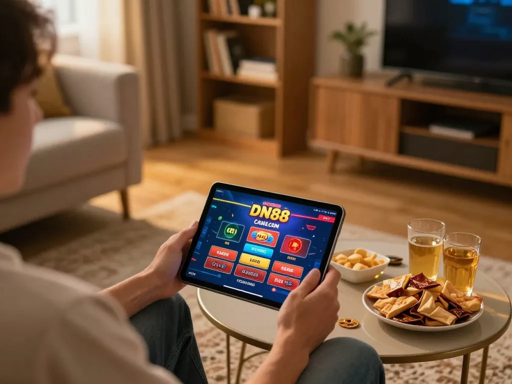 Person engaging with DN88 com online gaming interface in a cozy setting, showcasing a dynamic gambling atmosphere.