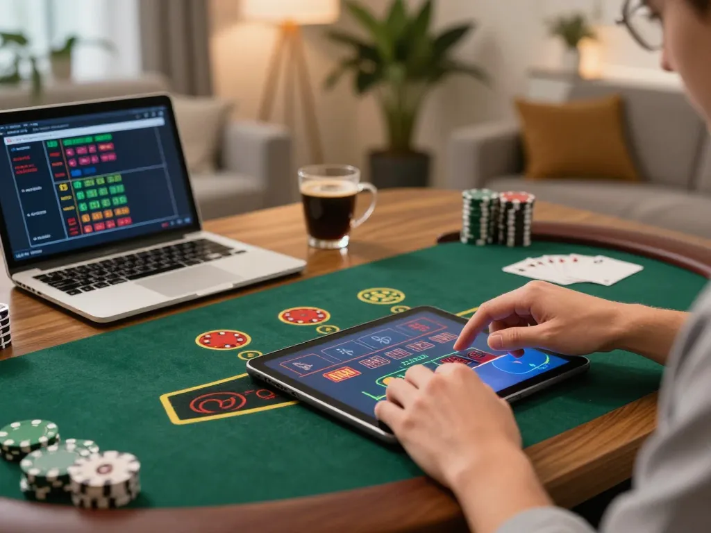 Person enjoying online blackjack at home, showcasing kp88 gaming strategy and comfort.