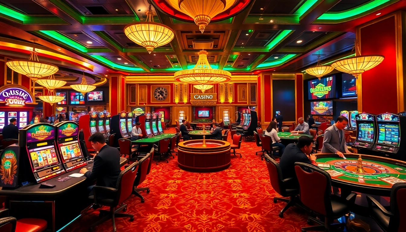 Experience the excitement of QQ88 with vibrant casino tables, slot machines, and a roulette wheel in a luxurious setting.
