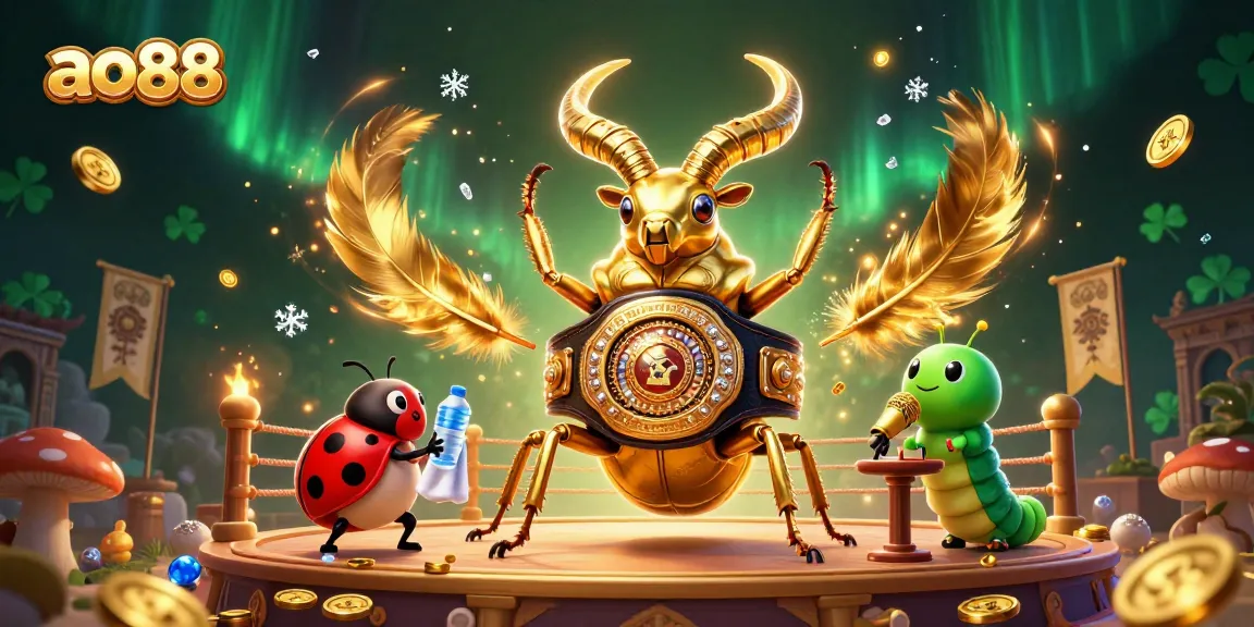Engage with the vibrant ao88 casino scene featuring a golden stag beetle champion, rich in detail and gambling elements.