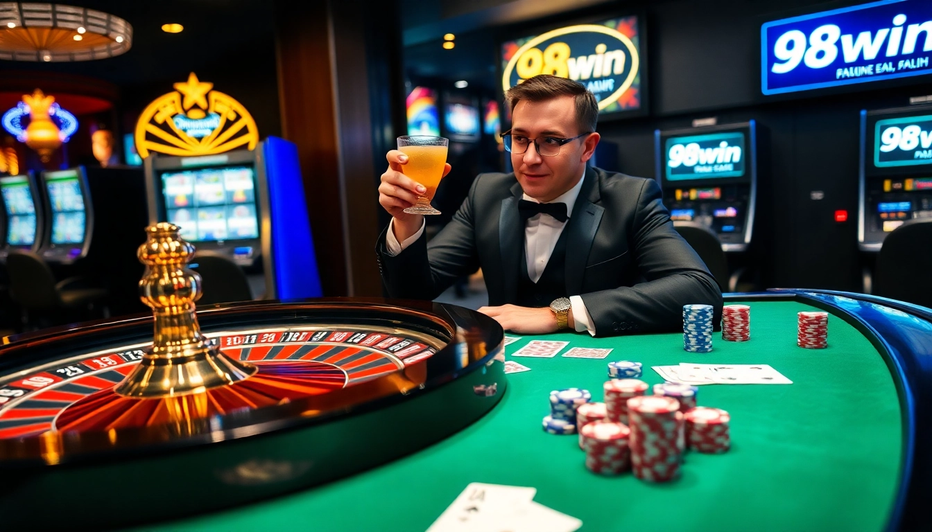 Experience the excitement of 98win at a luxurious casino with vibrant poker chips and a roulette wheel.