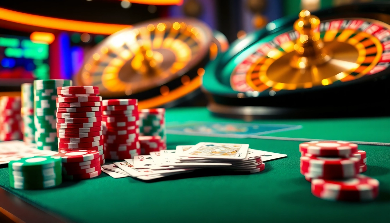 Engaging scene of MMOO online casino featuring vibrant poker chips and a roulette wheel under golden lights.