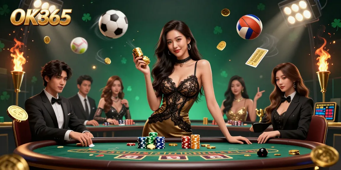 Experience high-stakes excitement with OK365 at a VIP baccarat table featuring glamorous Asian players and dynamic sports elements.