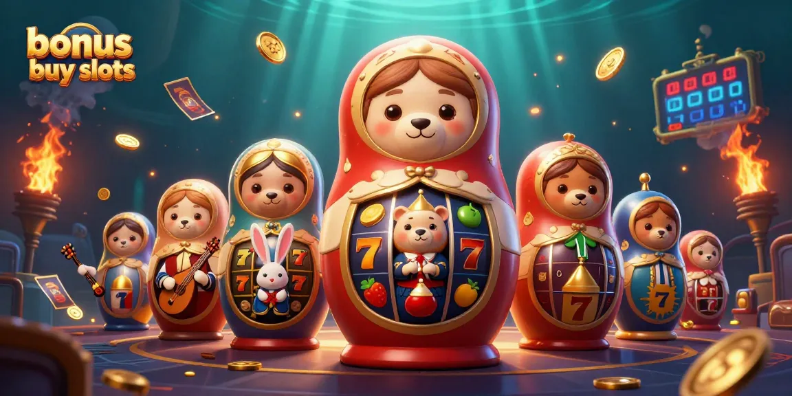 Experience the thrill of bonus buy slots with a vibrant 3D scene featuring a Matryoshka bear and dynamic casino elements.