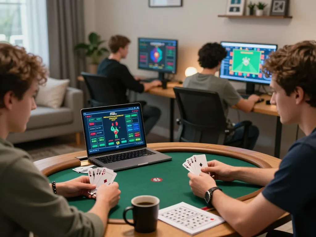 Engaged player reviews strategy for TT88 casino poker game at home.