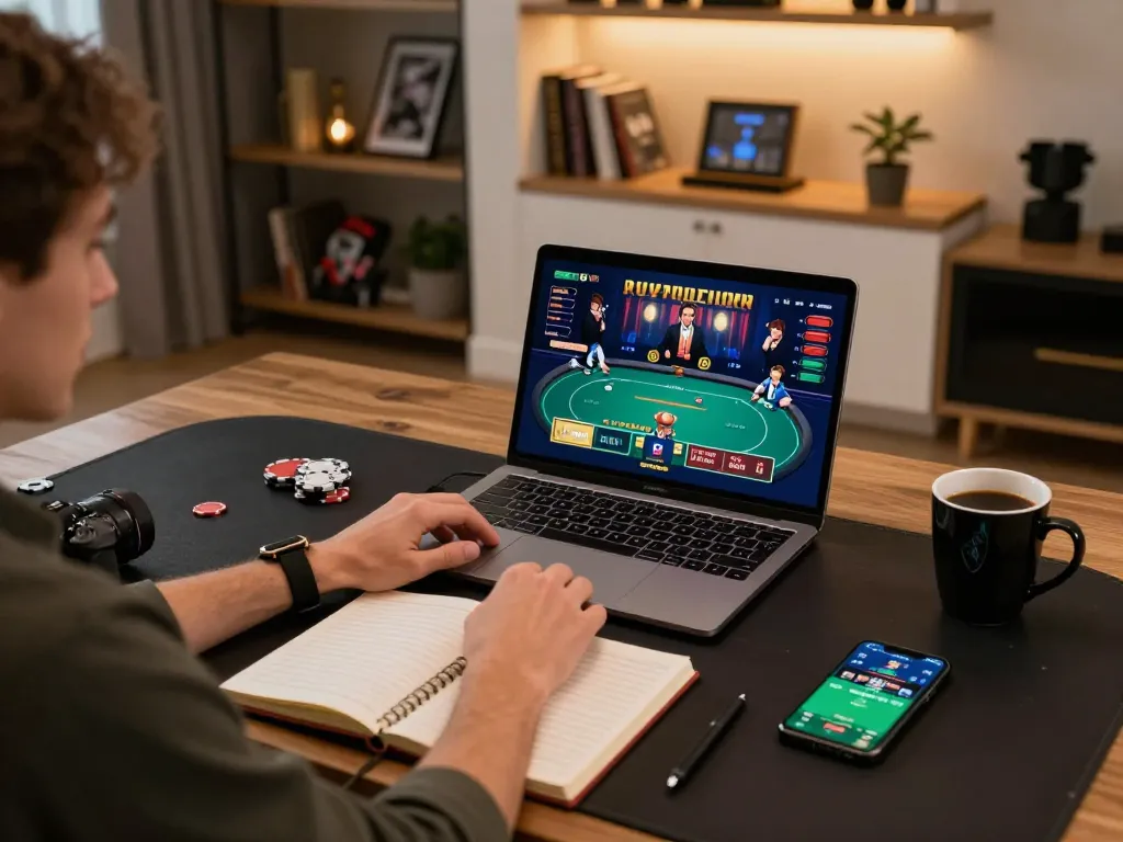 Kuwin player engaging with live online poker game on laptop while tracking strategy notes