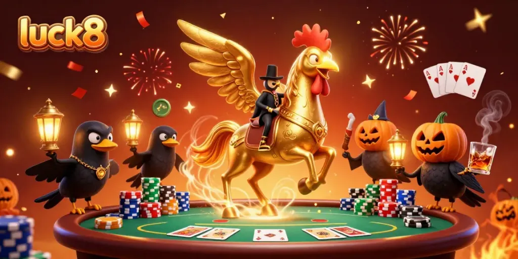 Experience luck8's casino excitement through a golden rooster and spectral horse in a vibrant scene.