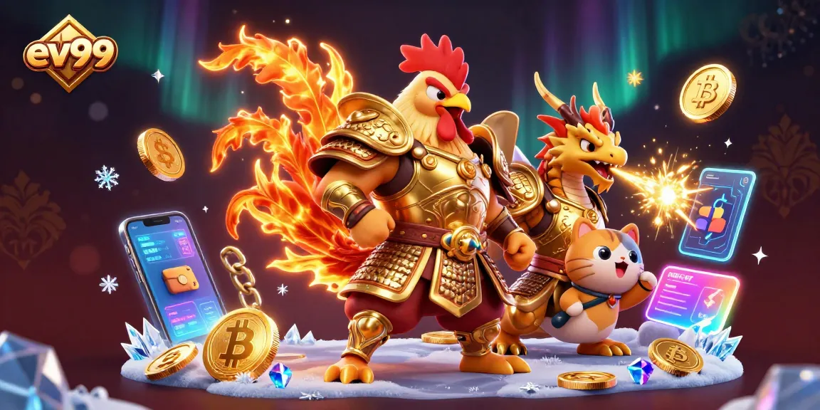 ev99 illustrates an exciting digital casino scene with gaming icons and colorful characters.