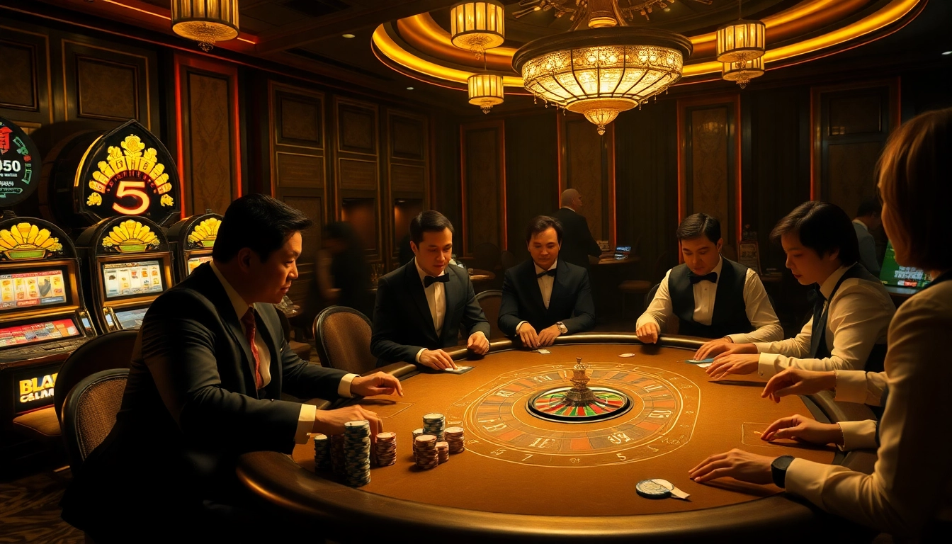 Experience the thrill of Kể truyện ma in a luxurious casino environment with players engaged at a poker table.