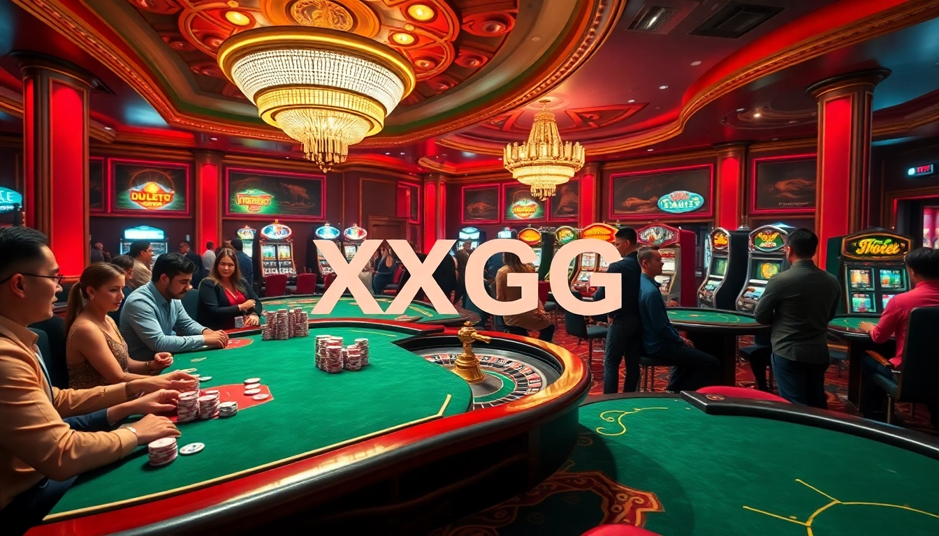 Experience the excitement of betting at XXGG's luxurious casino, showcasing vibrant tables and slot machines.