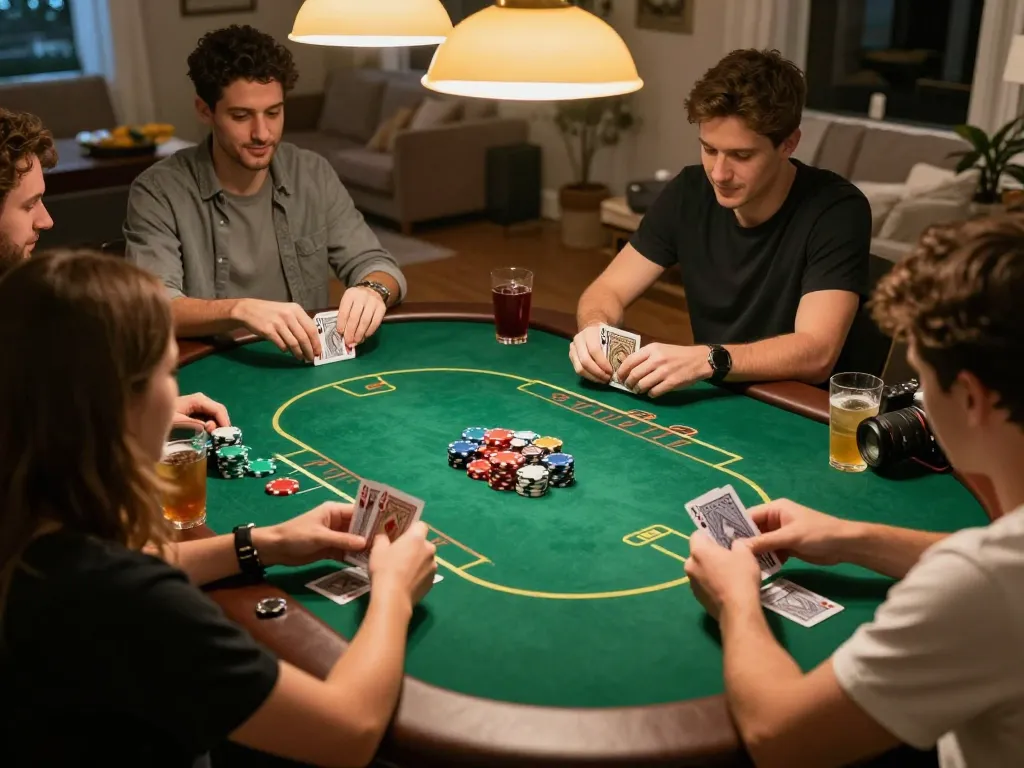 Friends engaged in a competitive poker night at home, showcasing the excitement of 789win1 gaming.