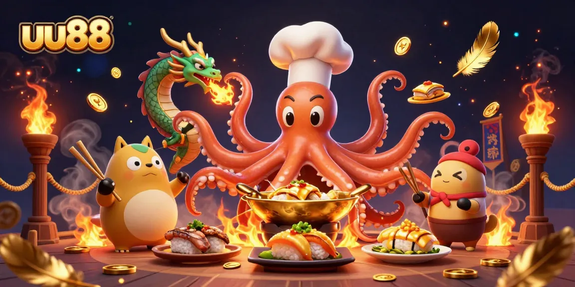 uu88 celebrates with a dynamic casino scene featuring a colorful octopus chef and dragon