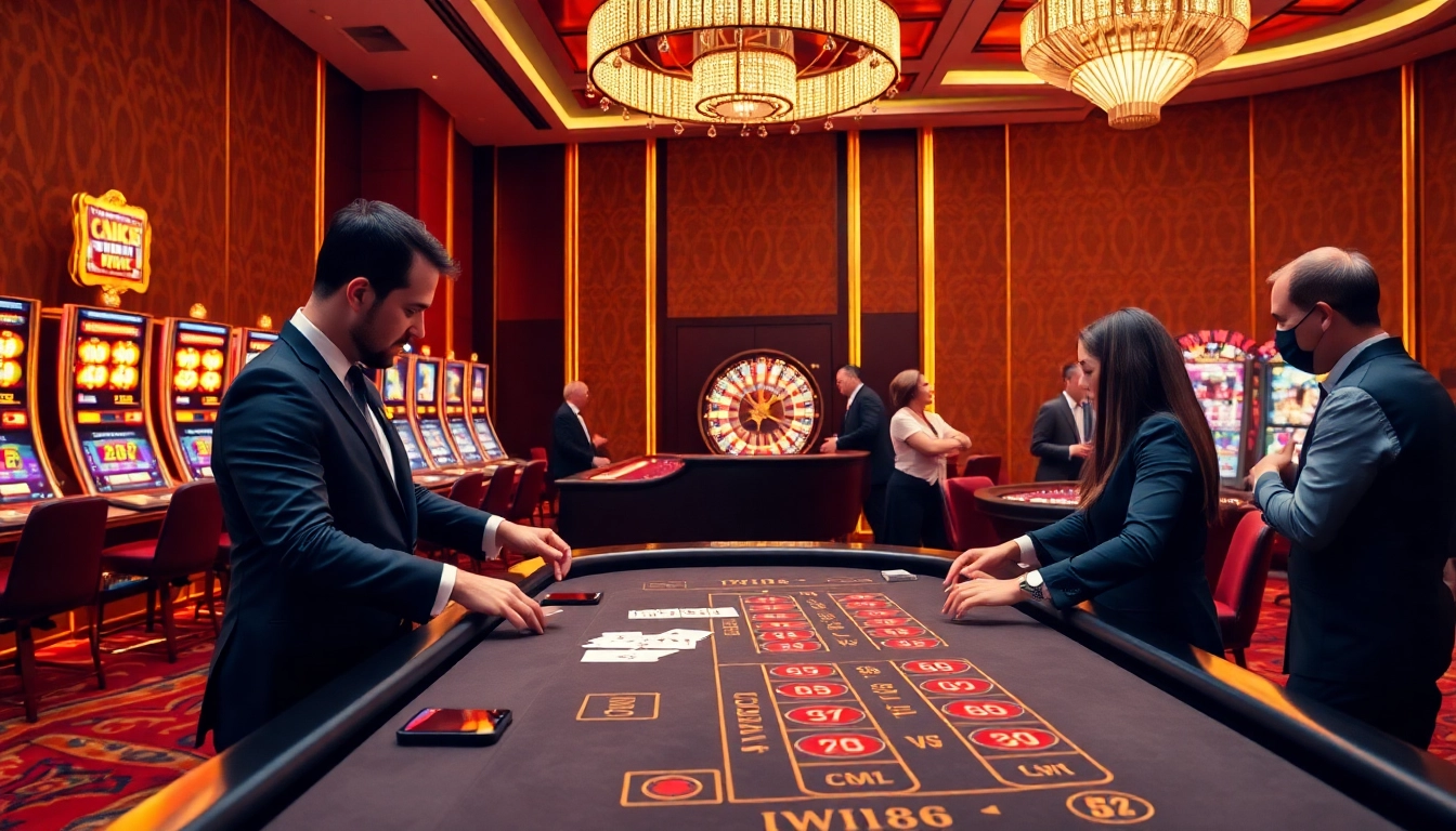 IWIN68 players enjoying a thrilling gaming experience at a luxurious casino table with vibrant slot machines.