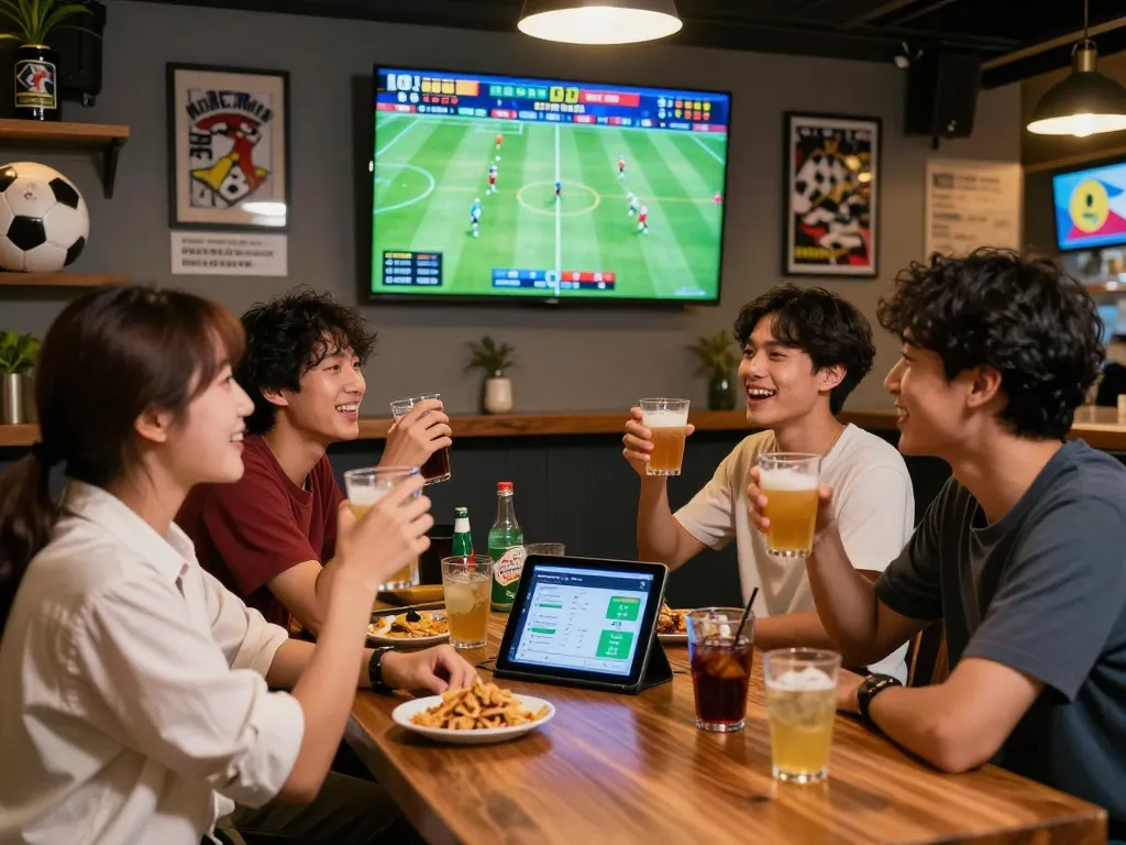 Group of friends enjoying a lively sports betting atmosphere while tracking kèo nhà cái updates on TVs and tablets.