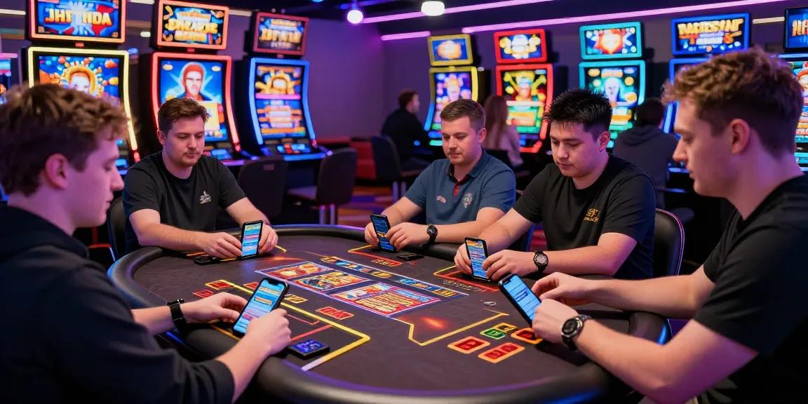 Exciting interaction at credit card casinos UK with diverse players enjoying gaming on devices and vibrant casino backdrop.