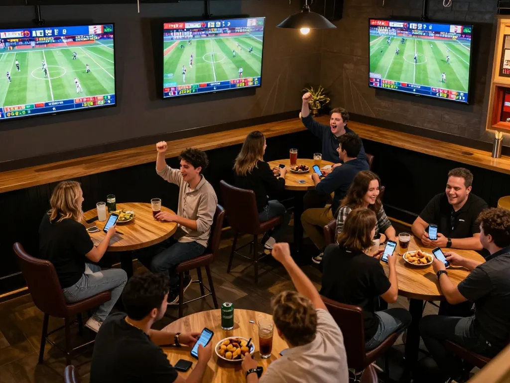 Engaged sports fans placing bets on TG88 using mobile apps in a lively sports bar atmosphere.