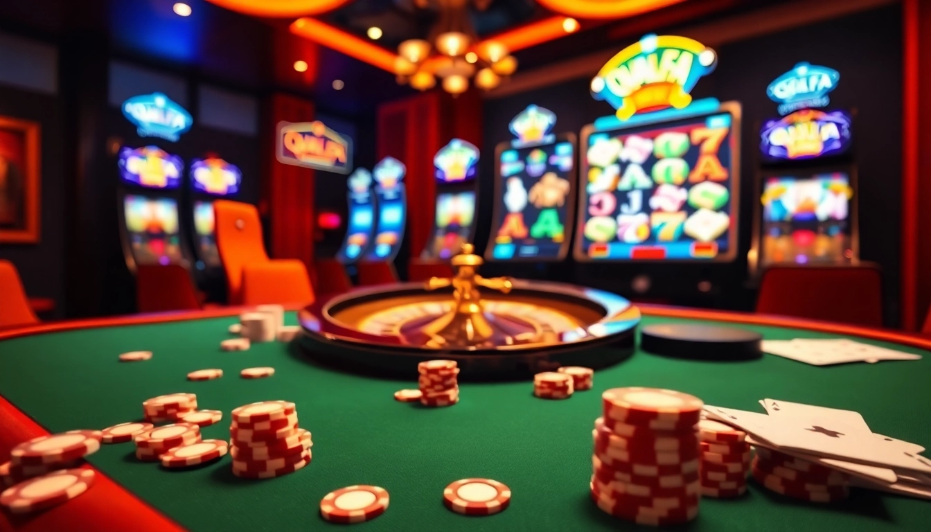 A lively casino scene showcasing QQALFA branding, with poker chips, a roulette wheel, and engaging slot machines.