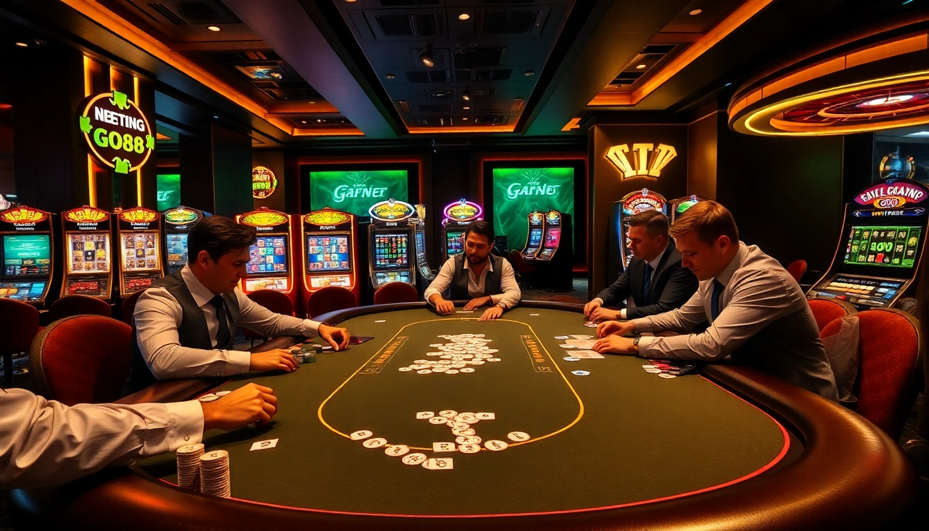Go8 poker players engaged in a high-stakes game at a luxurious casino table.