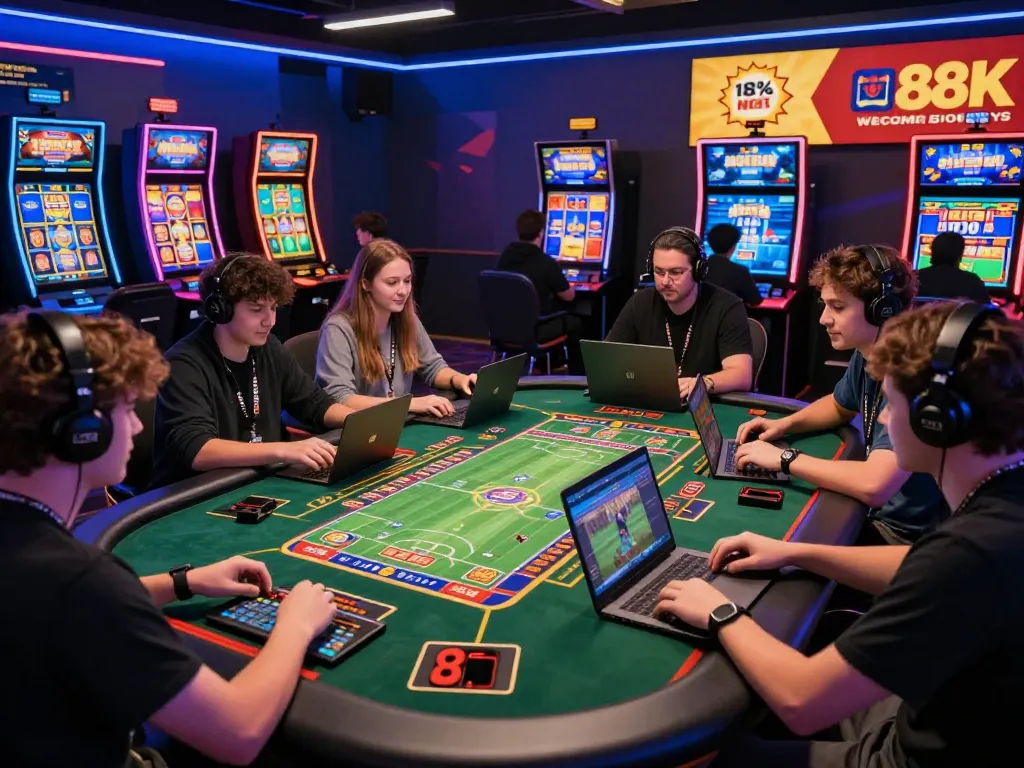 Exciting online gaming scene at BEM88 with players enjoying slots and sports betting.