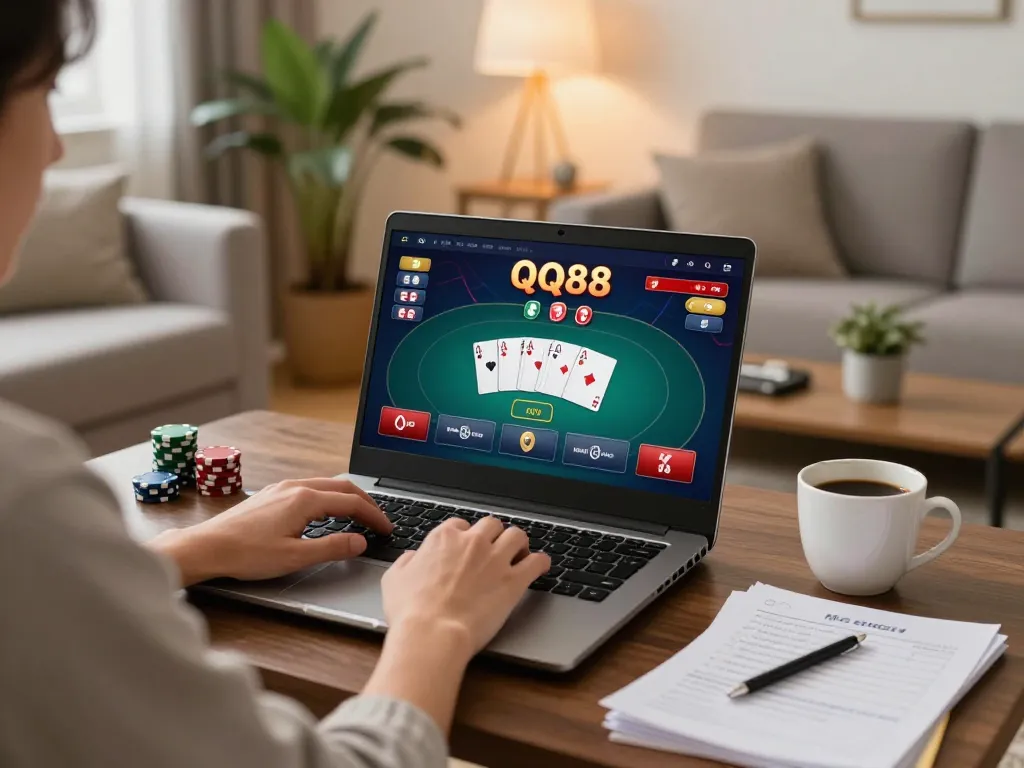 Experience exciting online poker at QQ88, with an engaging gaming session on a cozy laptop setup
