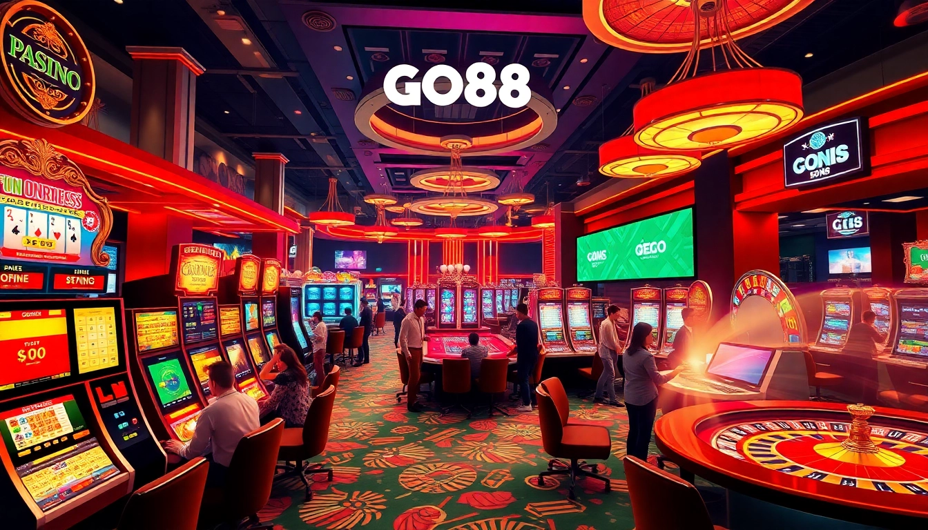 Exciting casino scene showcasing GO88 gaming tables, poker chips, and slot machines.