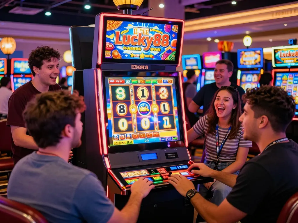 Players enjoying the Lucky88 slot machine in a colorful casino atmosphere, showcasing excitement and community.