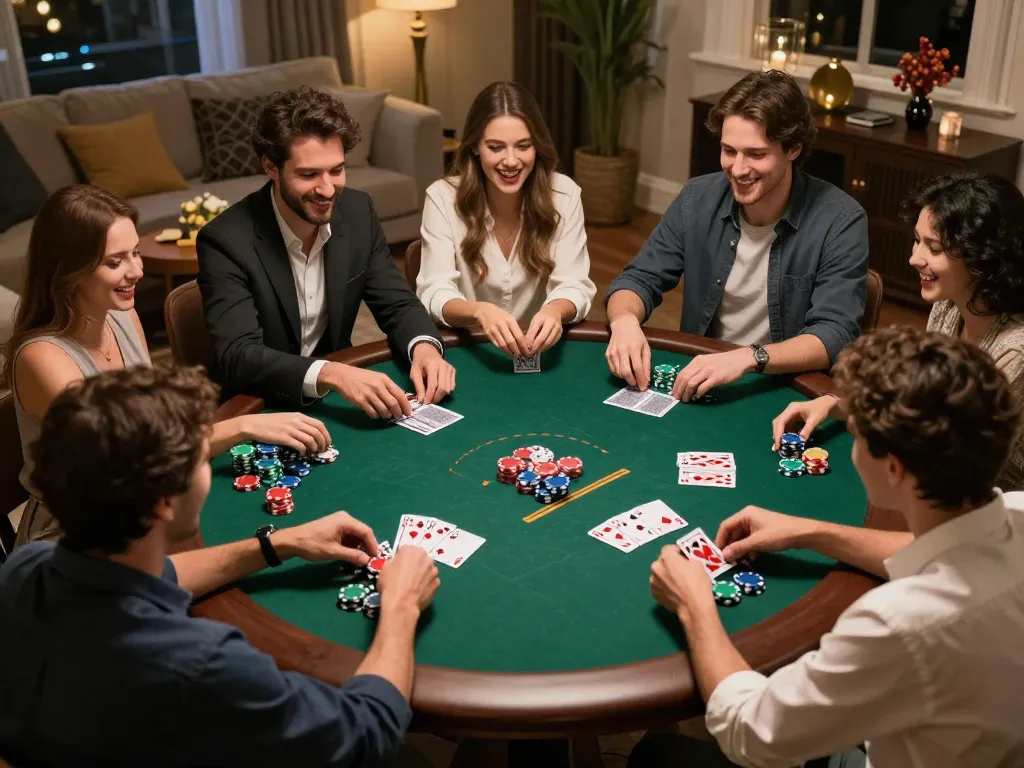 Players enjoying a lively poker game at home, exemplifying the vibrant atmosphere of LV88 gaming.