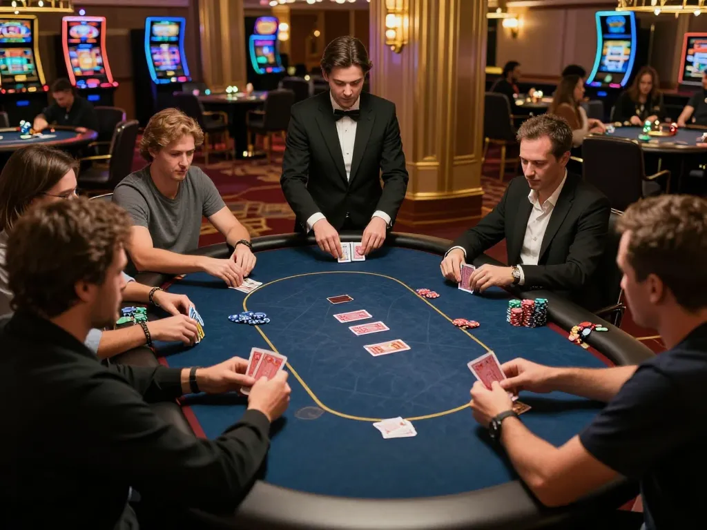 Engaged players at a high-stakes poker table in a nhà cái uy tín casino with luxurious ambiance and strategic gameplay.