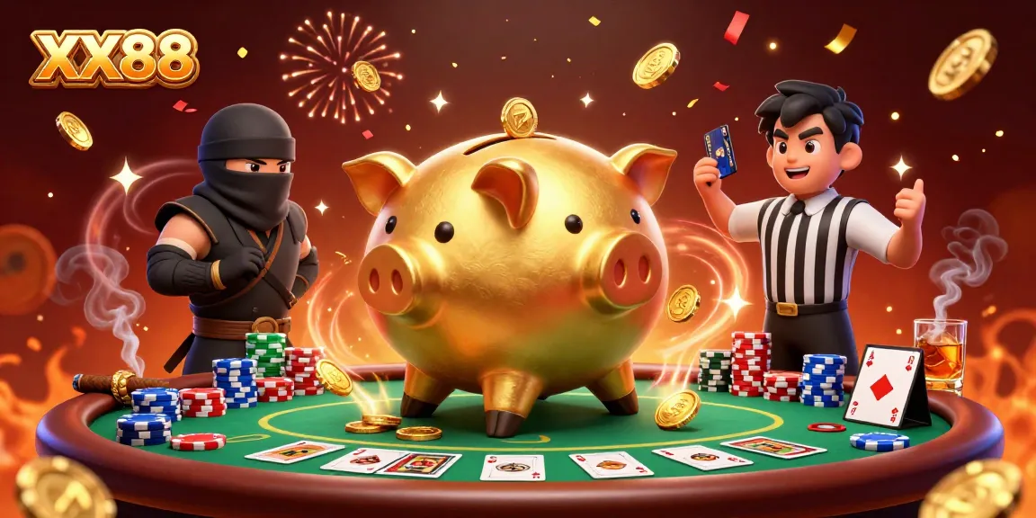 Experience thrilling games at XX88 with a golden piggy bank summoning coins in an exciting casino scene.